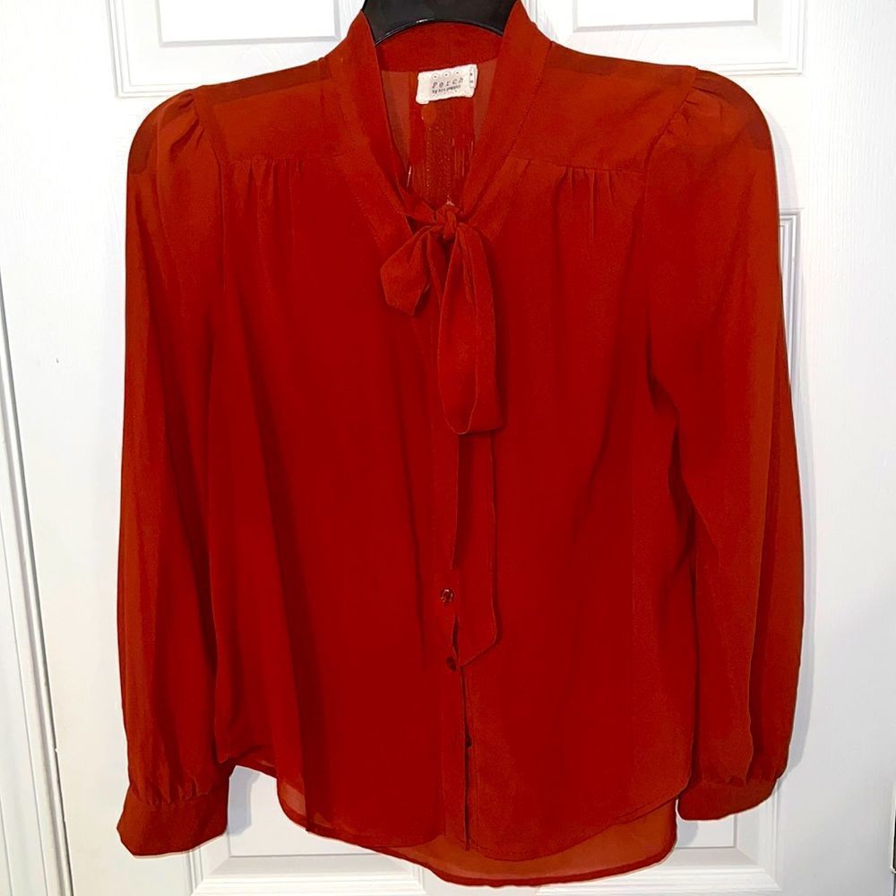 Burnt orange pussy bow tie shirt